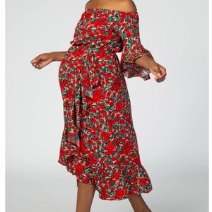 Red Floral Off Shoulder 3/4 Ruffle Sleeve Side Slit Maternity Midi Dress-NWOT